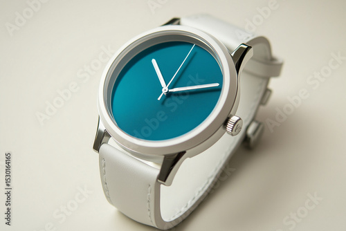 Minimalist white Wristwatch with metalilic teal face with white Leather Strap on a light ivory  Background, Product photography