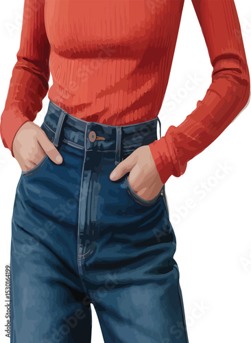 Stylish woman fashion illustration red sweater blue jeans casual apparel design