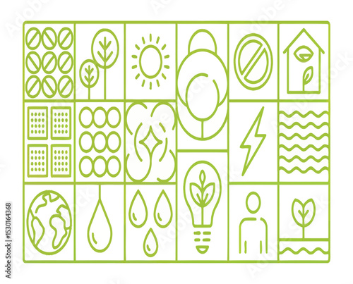 Sustainable living eco icons grid featuring renewable energy, water conservation, green technology, and environmental protection symbols promoting a mindful lifestyle
