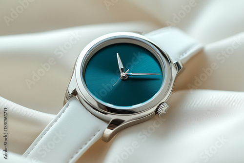 Minimalist white Wristwatch with metalilic teal face with white Leather Strap on a light ivory  Background, Product photography