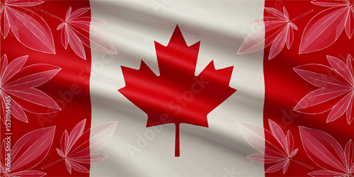 Realistic Waving Canadian Flag with Stylized Red Maple Leaf and Abstract Leaf Pattern Background, Patriotic Canada Symbol