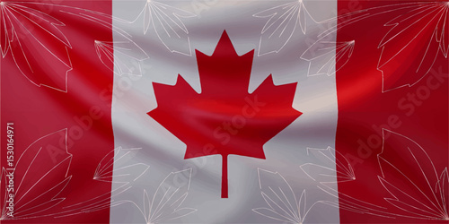 Waving Canadian Flag with Maple Leaf, Red and White Colors, Abstract Leaf Outline Design, Patriotic Canada Background