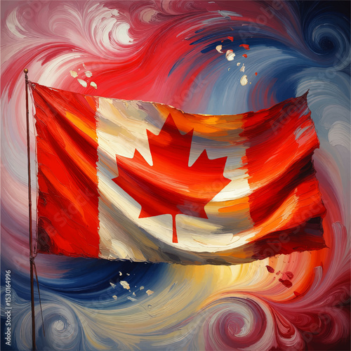 Vibrant Artistic Canadian Flag Painting with Abstract Red and Blue Swirl Background – Patriotic Fine Art Illustration