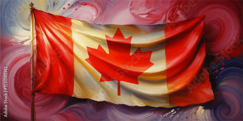 Vibrant Artistic Canadian Flag Illustration – Abstract Swirling Background, Maple Leaf Symbol, Patriotic Wall Art Concept