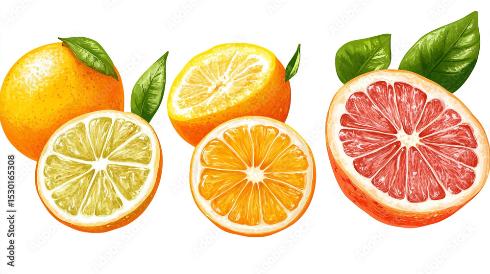 Obraz premium Hand-drawn vector style illustrations of detailed citrus fruits, showcasing healthy food sketches perfect for summer-themed designs and natural product packaging