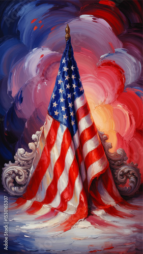 Vibrant Artistic American Flag Painting with Ornate Details and Dramatic Red, White, and Blue Swirling Brushstrokes Background