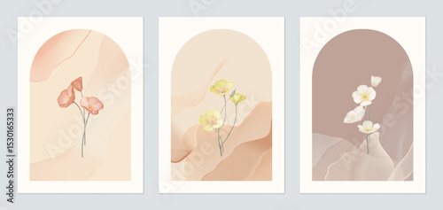 Flower wall art set, minimalist delicate California Poppy flowers within an arched abstract background