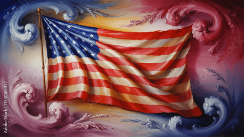 Vibrant Artistic American Flag Painting with Swirling Abstract Background in Red, White, and Blue Colors for Patriotic Themes