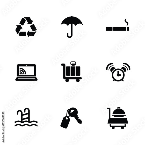 Hotel facilities are represented by nine icons including a bed a person a couple a bunk bed a man a woman a bellhop and a parking spot.