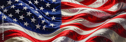 Stunning Artistic Close-Up of Waving American Flag with Vibrant Red, White, and Blue Colors, Realistic Texture and Patriotic Details