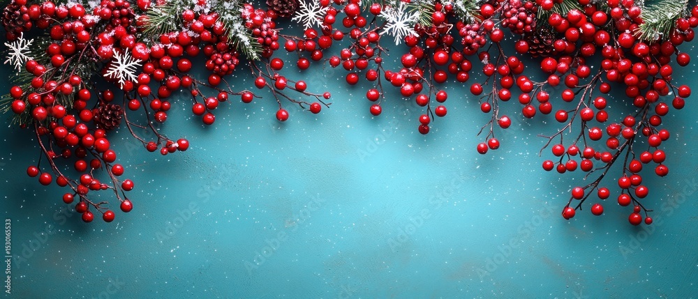 Christmas berries and greenery border on a teal background Christmas berries and greenery border on a teal background