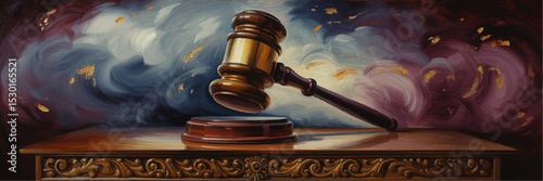 Elegant Judge Gavel on Ornate Wooden Desk with Dramatic Colorful Swirling Background – Artistic Justice Law Concept Illustration