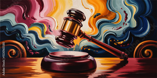 Vibrant Abstract Judge Gavel on Wooden Table – Colorful Legal Justice Concept Art with Swirling Paint Strokes