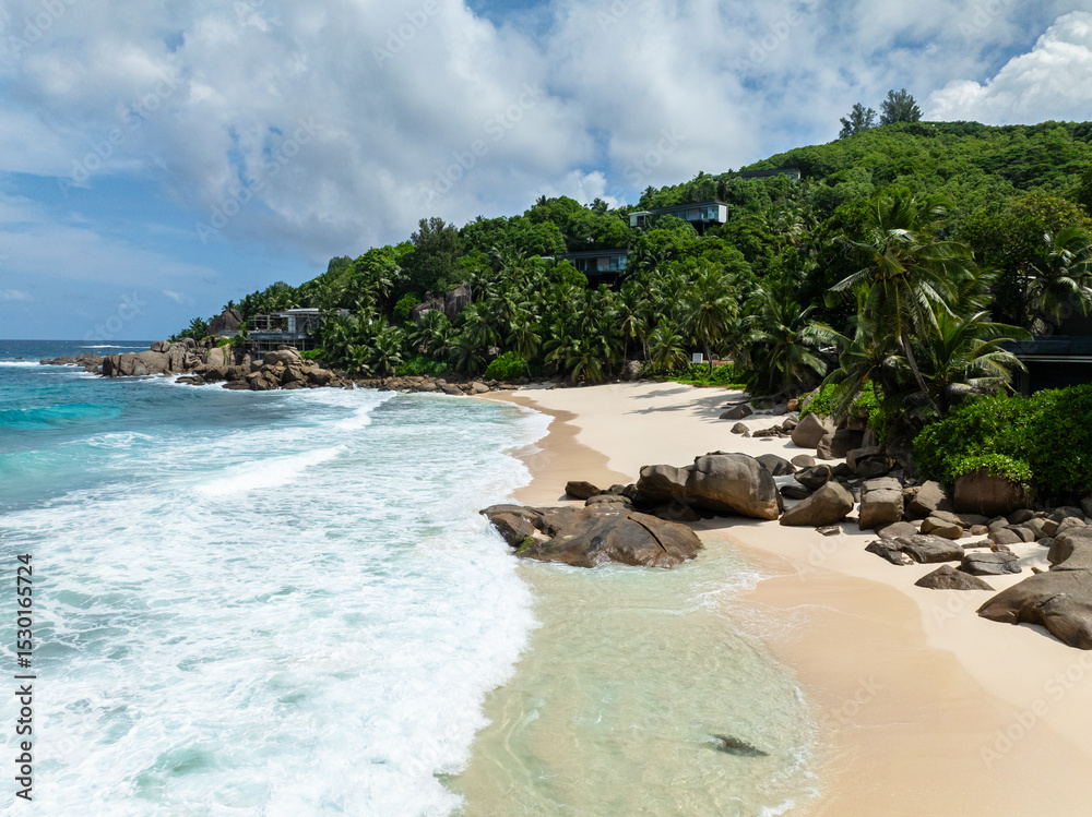 Fototapeta Beach with soft golden sand and azure water. Seychelles, Mahe. Anse Intendance beach.
