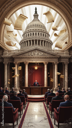Dramatic Illustration of U.S. Capitol Political Speech, Lawmaking Process, and Government Debate in Grand Legislative Chamber