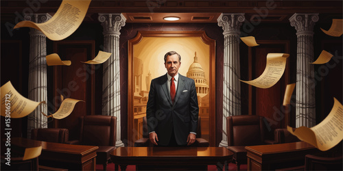 Confident Politician in Grand Courtroom with Legal Documents Flying, Leadership and Justice Concept, Capitol Building Background