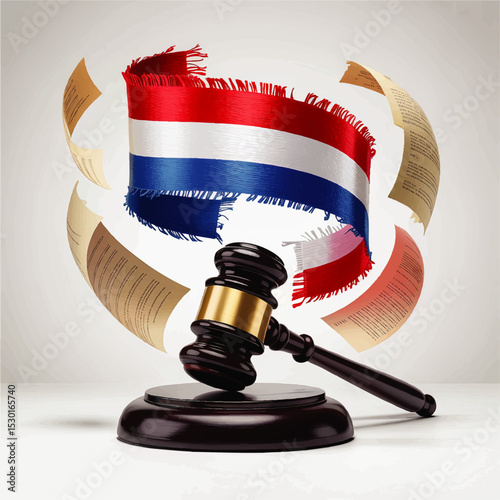 Netherlands Flag and Judge’s Gavel with Legal Documents – Symbol of Dutch Law, Justice System, and Legal Authority on White Background