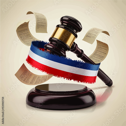 Realistic Judge Gavel with Tricolor Ribbon and Legal Documents - Law, Justice, Legislation, Court Concept on Neutral Background