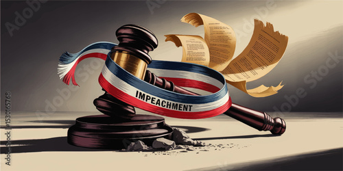 Impeachment Concept with Judge’s Gavel, Legal Documents, and Patriotic Ribbon – Political Justice and Democracy Illustration