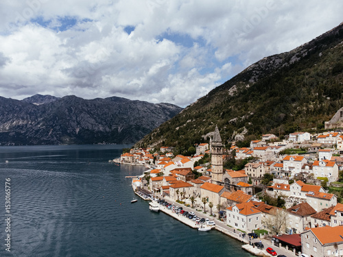 Drone view of the old town of Perast in the bay of Kotor, Montenegro
