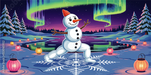Whimsical Snowman Dancing on Ice Under Northern Lights, Winter Forest with Lanterns, Cartoon Vector Illustration