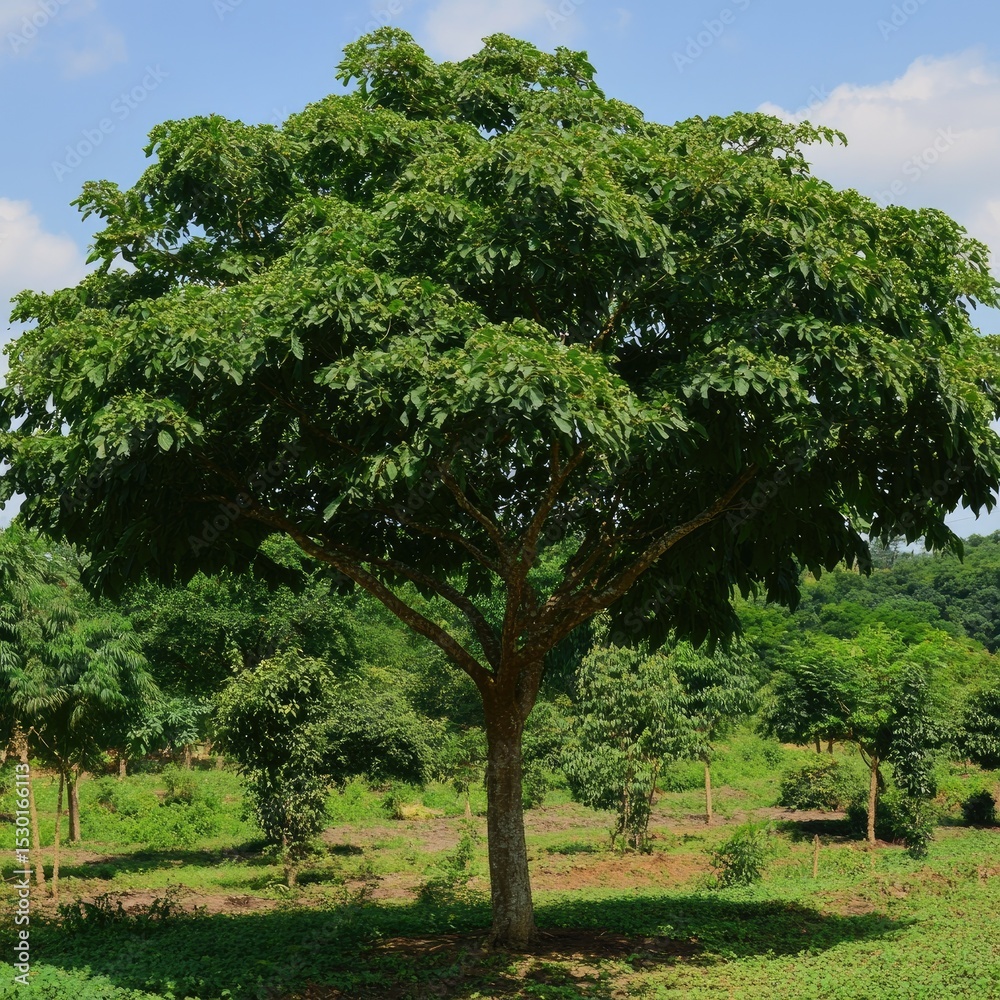 Fototapeta premium Lush green tree with broad canopy, standing amidst other foliage. Clear blue sky