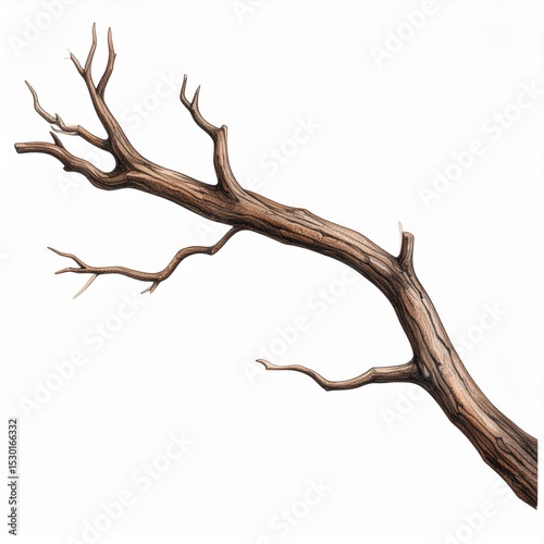 Detailed Brown Tree Branch on White Background