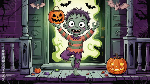 Cute Cartoon Zombie Kid Trick-or-Treating on Spooky Halloween Night with Pumpkins, Bats, and Candy on Haunted Porch