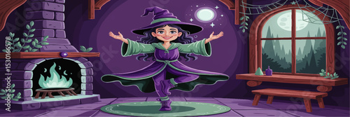 Cute Cartoon Young Witch Practicing Magic in Cozy Enchanted Cottage, Moonlit Night, Whimsical Halloween Fantasy Illustration