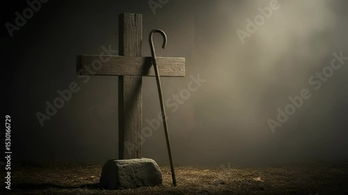 Wooden cross and shepherd's crook standing on a rocky ground in mystical light