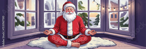 Santa Claus Meditating Indoors During Winter Holiday Season, Cozy Christmas Scene With Calm Santa Practicing Yoga By Window, Snowy Background