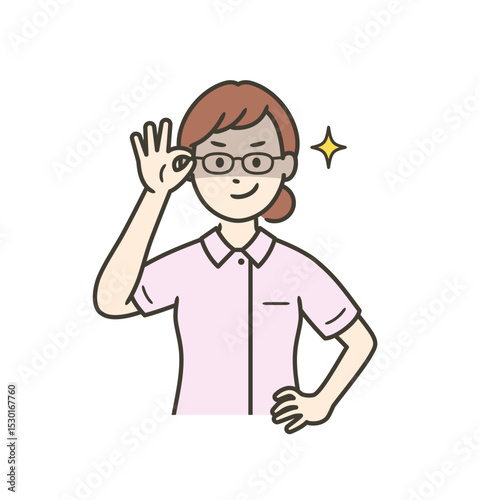 眼鏡を上げて悪巧みしてニヤける若い女性看護師