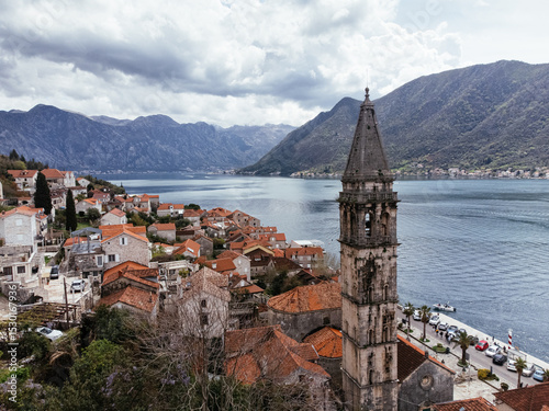 Drone view of the old town of Perast in the bay of Kotor, Montenegro