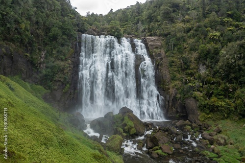 Water cascades down the Marokopa Falls, surrounded by lush green forest in New Zealand. The falls are a popular tourist destination because of their beauty.