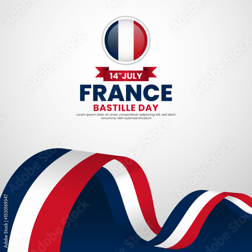 France bastille day greeting card, square banner background with warving ribbon flag