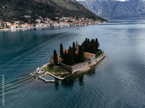 Drone view of Saint George Island in Montenegro.
