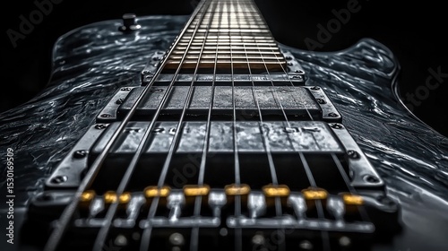 Close-up of a dark, marbled electric guitar with multiple strings, pickups, and a tremolo bridge, shot from a low angle against a black background photo