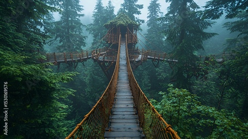 Misty forest suspension bridge leading to a treetop house.