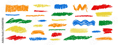 Crayon pencil lines set. Vector chalk texture brush strokes. Hand drawn scribbles. Multicolor charcoal lines collection. Colorful highlights and unserlines pack. Kid pen marks. Rough edge scribble bg