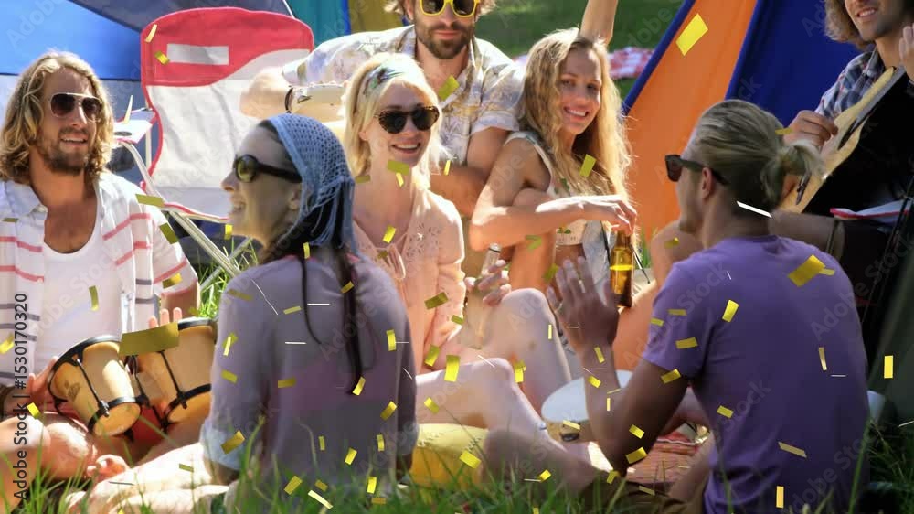 Man tapping bongo drums and friends clapping with golden confetti ...