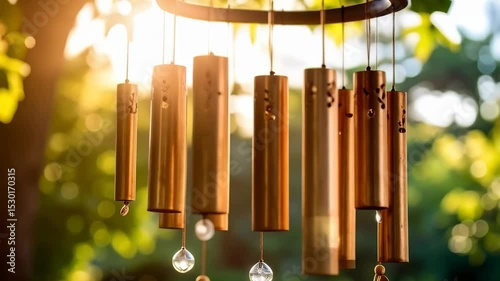 Relaxing sound of nature with a hanging chime in the garden, featuring decorative metal tubes and sunlit foliage.