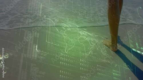 Female figure placing foot on holographic map, rippling data grid and responding to rising waves