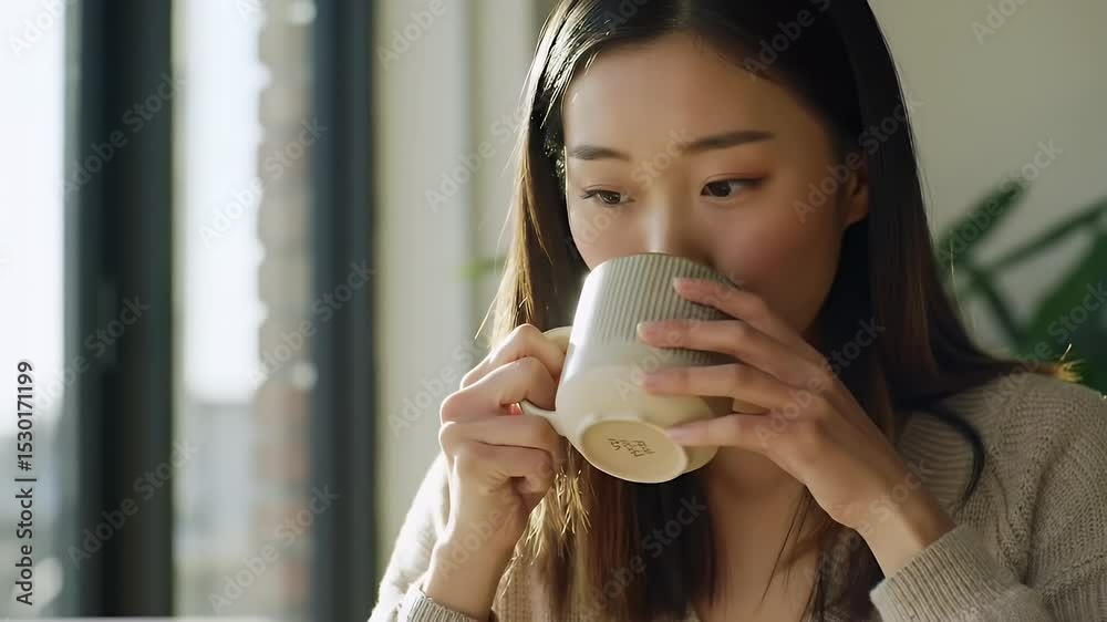 A young woman with long brown hair sits by a window, sunlight illuminating her face as she gently holds a ribbed mug, appearing relaxed and content A young woman with long brown hair sits by a window, sunlight illuminating her face as she gently holds a ribbed mug, appearing relaxed and content