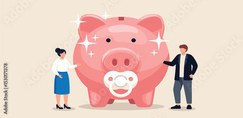Child care expense planning, spending on having a baby or financial budget for kids concept, smart parent new father and mother with baby piggybank with teether metaphor of savings for kids.