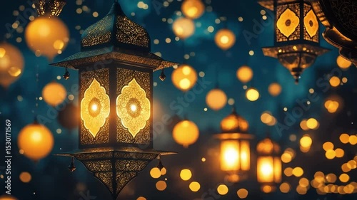 Ornate lanterns glow warmly in the night with soft bokeh lights flickering behind creating a festive tranquil scene perfect for celebrations.