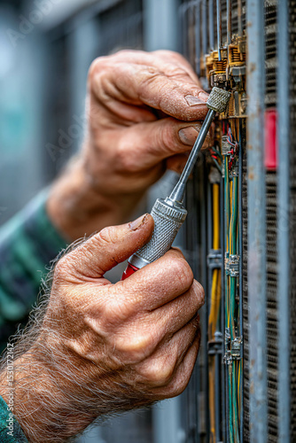Technician's Hands Adjusting Components on Outdoor Cooling Unit