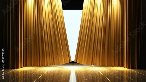 Golden curtains opening on a stage reveals a white screen background with spotlight and glitter floor. Cinematic opening transition for video and presentation projects.