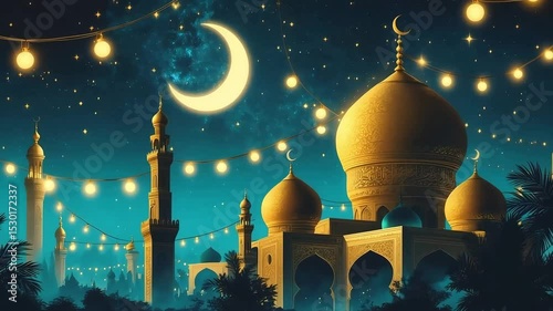 Golden mosque view at night with crescent moon and stars suitable for festive greeting card or backdrop. Use for religious themes.