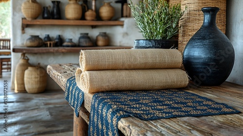 Rolled burlap fabric on rustic wooden table with indigo runner and pottery.