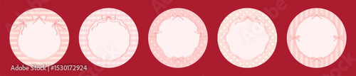 Vintage ribbons frames on round background. Set pink cards for invitation or holiday. Pretty round frames from ribbon with bows.